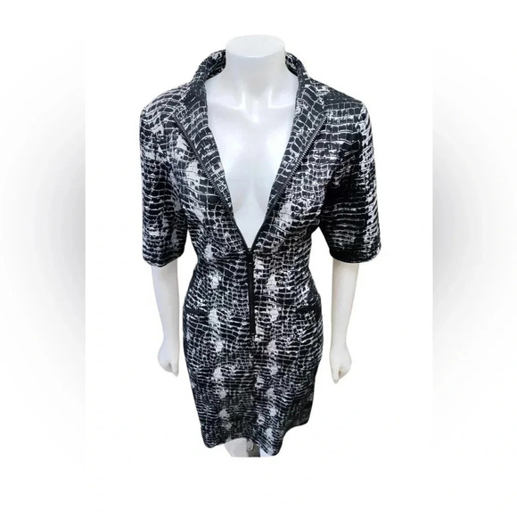 Connected Black Grey Geometric 3/4 Sleeve Midi Dress Size 10 - Picture 4 of 11